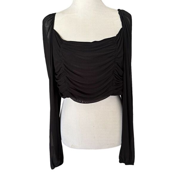 H&M Black Rushed Front Draped Bust Off Shoulder Long Sleeved Sheer Blouse Shirt - Picture 2 of 5